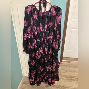 Terra & Sky Black and Pink Floral Long Sleeve Dress